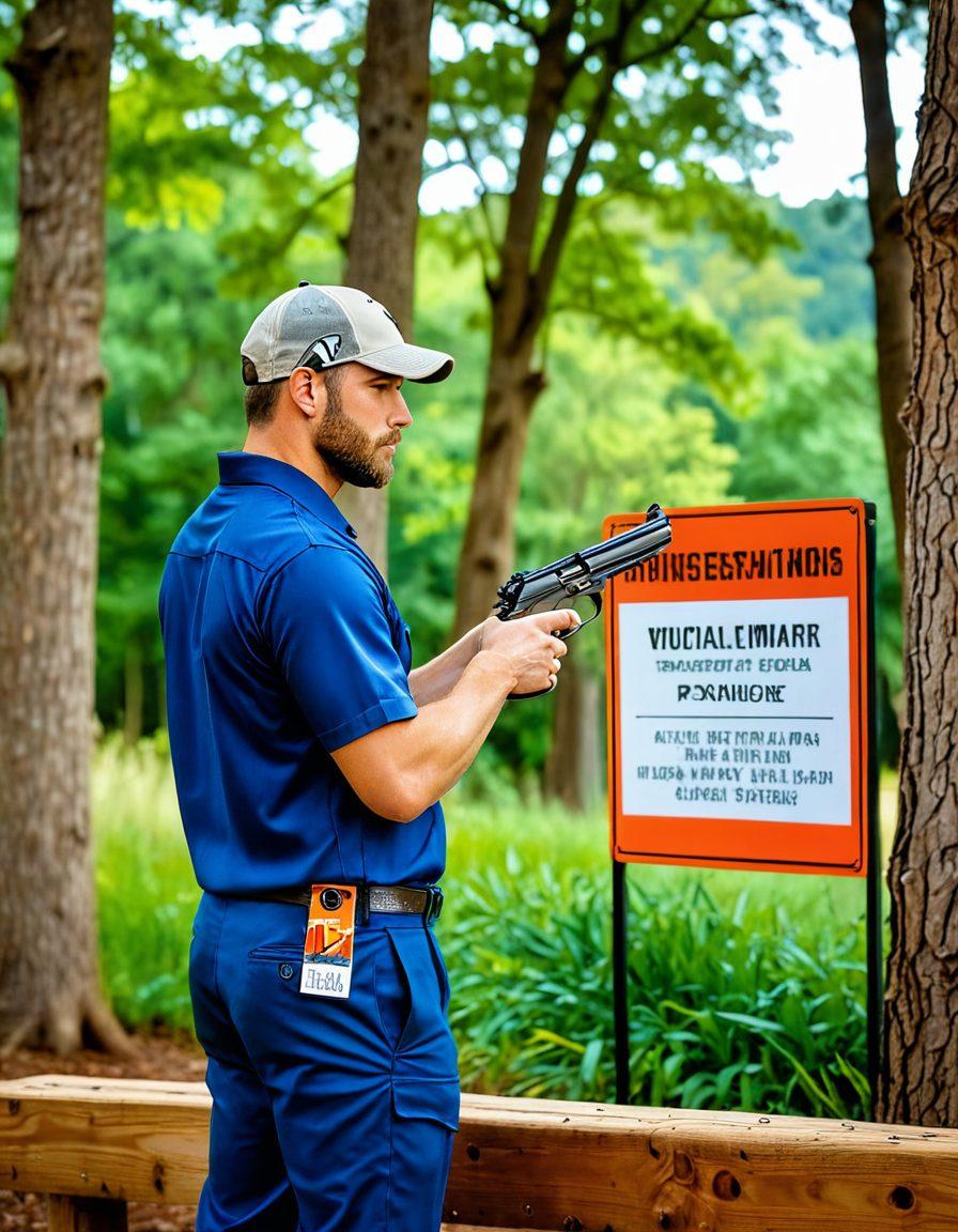 A beautifully composed scene showcasing a skilled marksman at a shooting range, exuding calm confidence while handling a stylish firearm. The background features nature, highlighting the harmony between outdoor sports and respect for nature. Incorporate elements of advocacy such as signs or banners promoting gun safety and responsible ownership. Enhanced with artistic flair, blending realism and vibrant colors to capture the aesthetics of firearm culture. super-realistic. vibrant colors. dynamic composition.