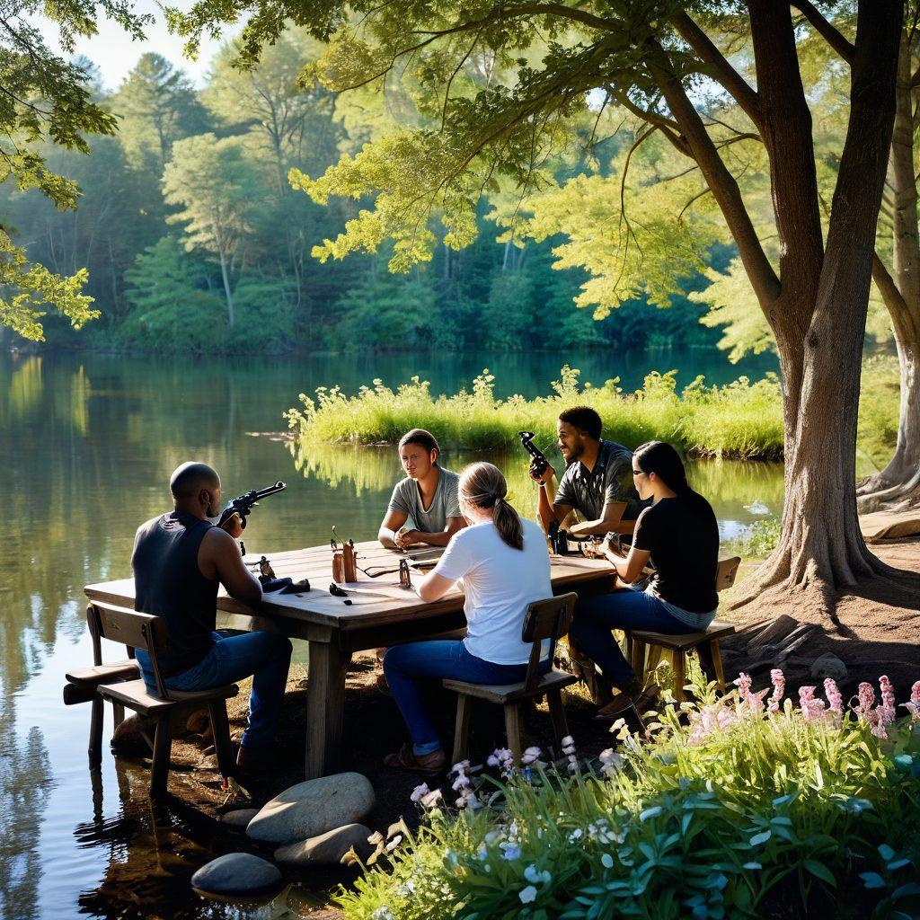 A striking image showcasing a diverse group of gun enthusiasts engaged in a positive conversation outdoors, surrounded by nature's beauty. The individuals of different ages and backgrounds are confidently holding their firearms, symbolizing responsible ownership and advocacy. Soft sunlight filters through the trees, creating a warm atmosphere, while vibrant flowers bloom around them, representing beauty in the gun community. A serene lake reflects their camaraderie. super-realistic. vibrant colors. nature background.