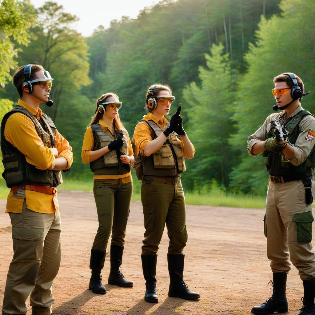 A diverse group of individuals at an outdoor shooting range, showcasing safety gear and camaraderie, with some practicing marksmanship and others discussing techniques. The backdrop features lush greenery and an array of targets. A golden sunset illuminates the scene, reflecting a positive and inclusive spirit within the gun community. super-realistic. vibrant colors. warm lighting.